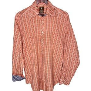 Mens Tailorbyrd orange plaid button up down shirt large LG‎